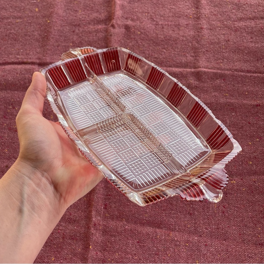 🌱5/$25🌱 Vintage | Art Deco Clear & Red Glass Relish Dish Serving Tray